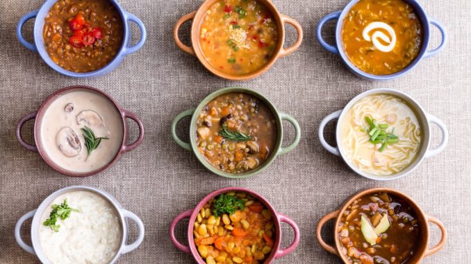 overhead image of several bowls of different soups