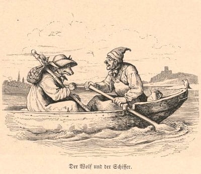 Wolf and Clown rowing a boat