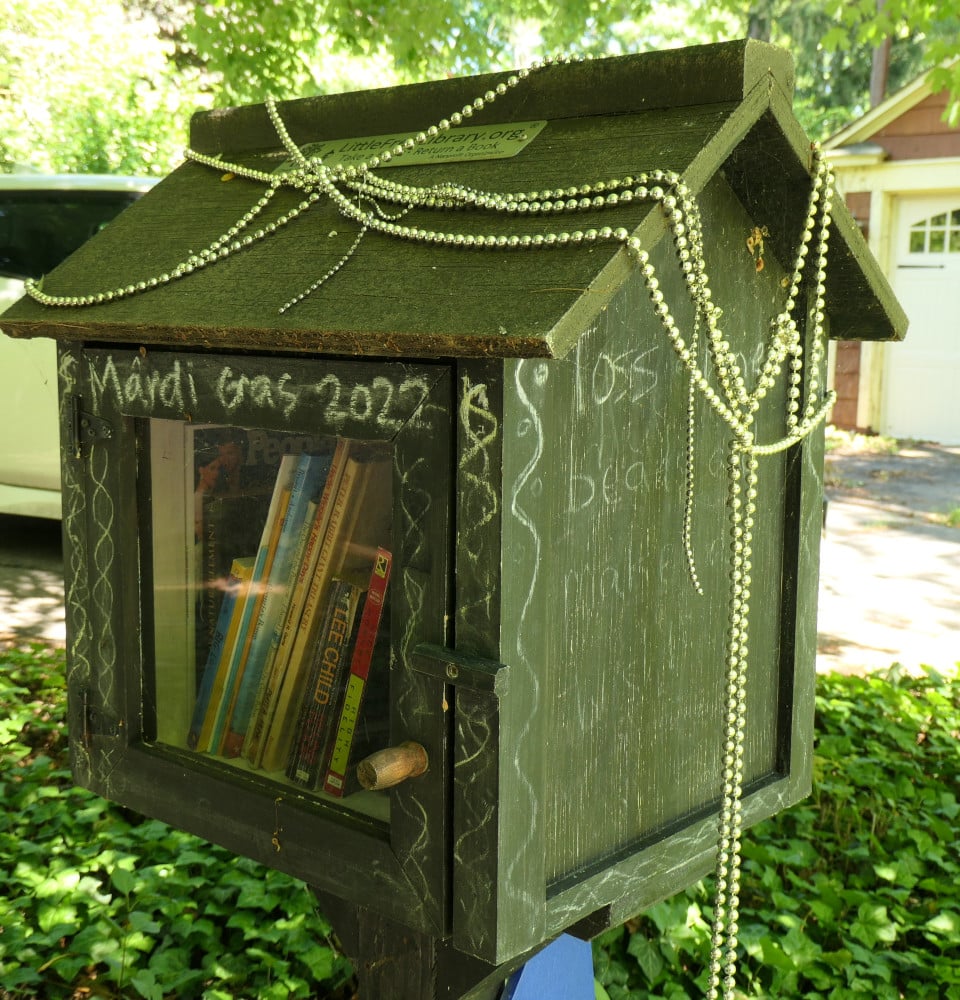 Little library with Mardi Gras beads