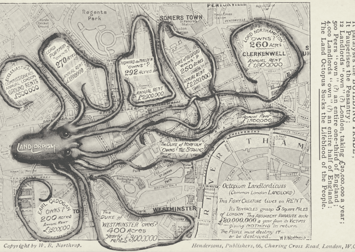 drawing of octopus with tentacles surrounding real estate holdings in london in the 1920s