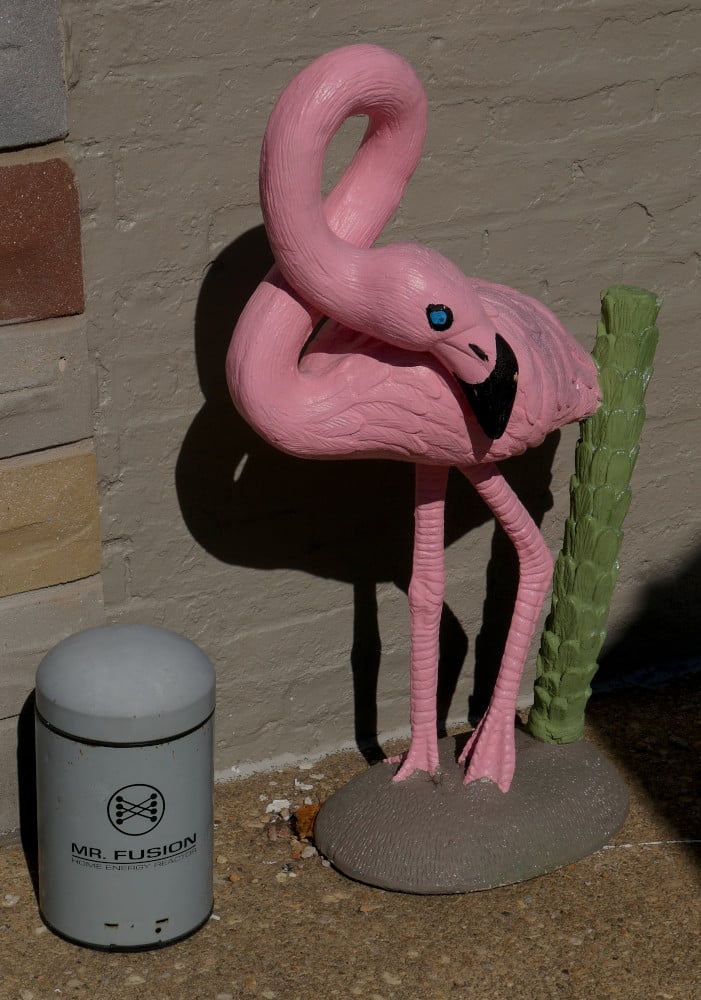 Mr. Fusion can and pink flamingo