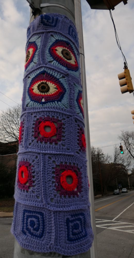 Crochet squares on lamp post