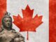 Image of statue of Queen Victoria super-imposed over the Canadian flag in honor of Canada's Victoria Day.